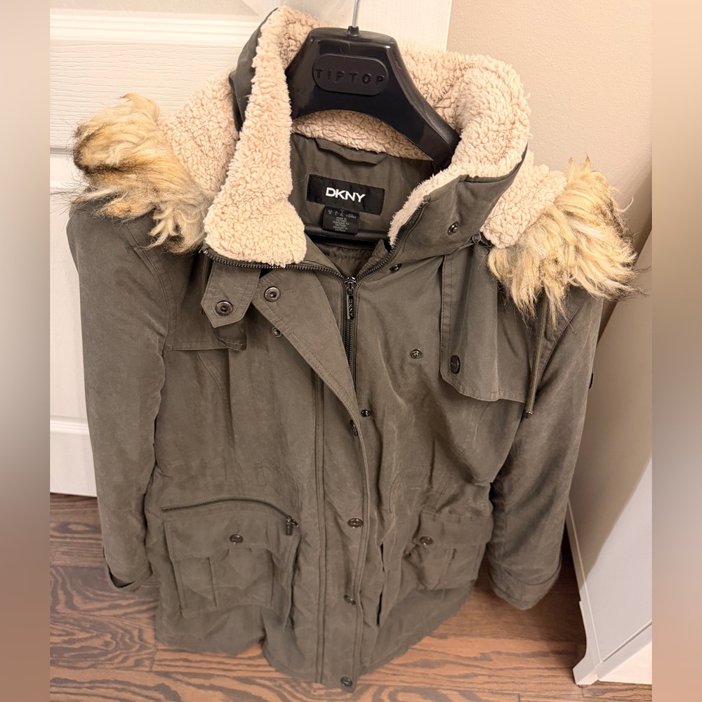 DKNY Khaki Jacket with Faux Fur Lining